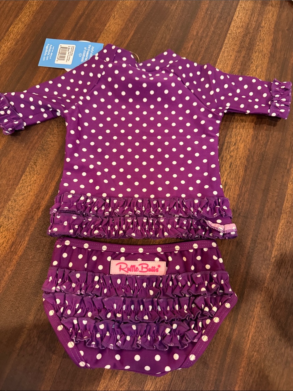 Ruffle Butts Purple Polka Dot Girls Rashguard Swim Set - Picture 3 of 3